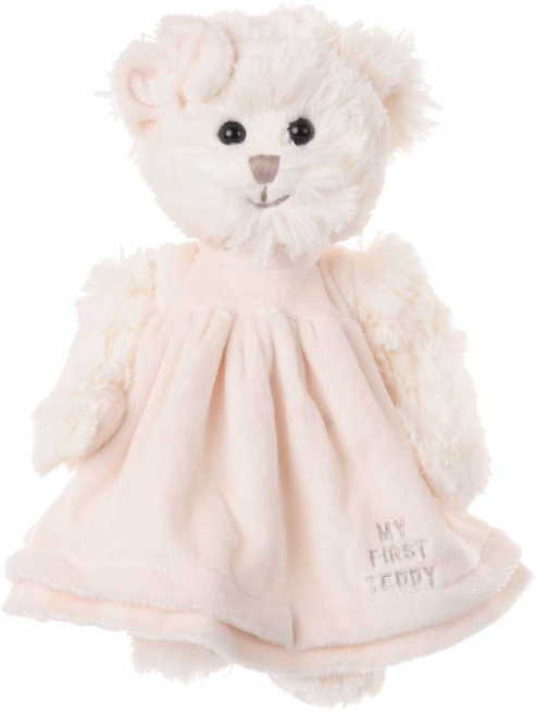 Orso my first teddy "Theodora" bianco con abito e fascia in velluto panna, altezza 30 cm