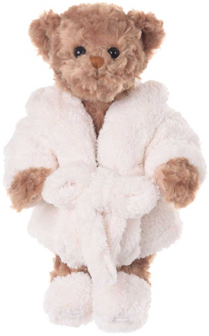 Orso "Mr.Bukowski" marrone con accappatoio e ciabattine bianche, altezza 30 cm