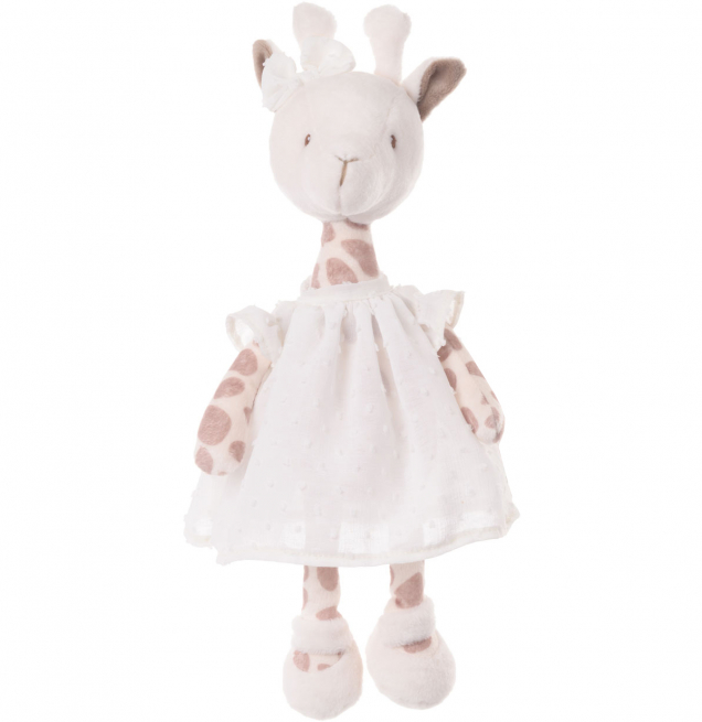Giraffa peluche "Lucy" con vestito e fiocco bianco, altezza 30 cm