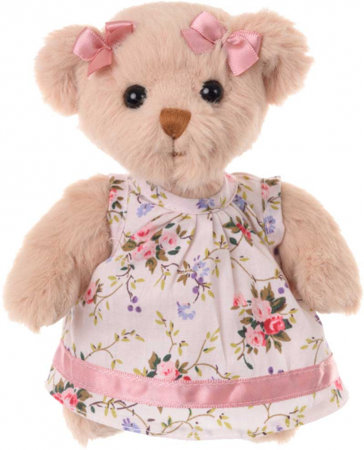Orso "Marissa" nocciola con vestito a fiori e fiocchi in raso rosa, altezza 15 cm
