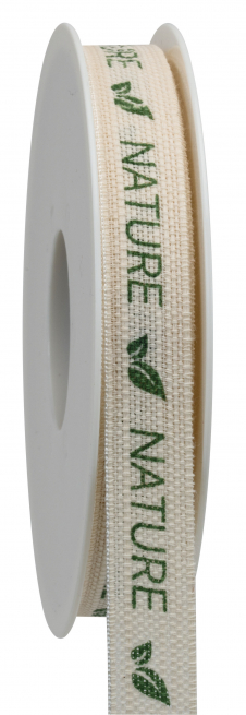 Rotolo nastro in tessuto crema con scritta "Nature" verde, altezza 15 mm, lunghezza 20 mt