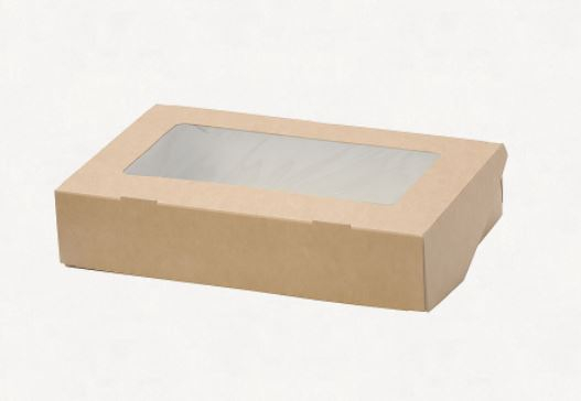 Contenitore in cartoncino avana con finestra, base rettangolare 70x170mm, capienza 500cc