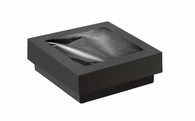 Vaschetta quadrata in carta kraft fondo colorato nero con coperchio finestrato