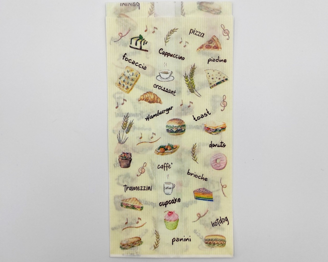 Sacchetto in carta politenata antiunto, fantasia "Snack-stuzzicchini", cartone da 10 kg.