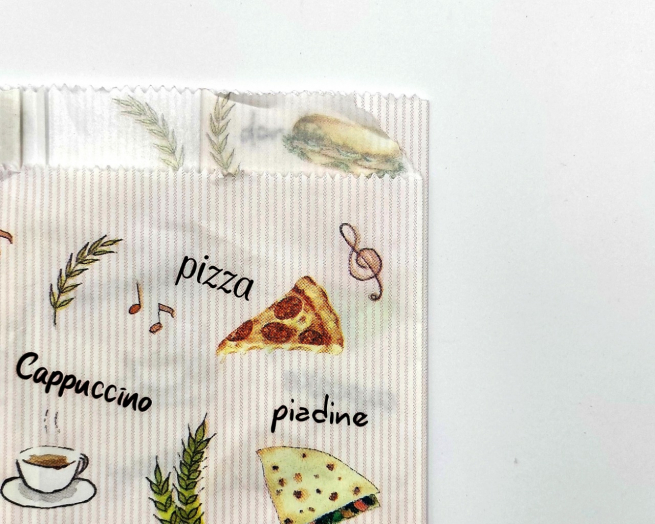 Sacchetto in carta politenata antiunto, fantasia "Snack-stuzzicchini", cartone da 10 kg.