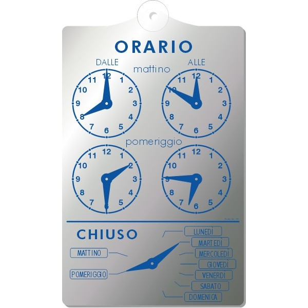 Cartello orario con lancette in PVC formato 13x20 cm