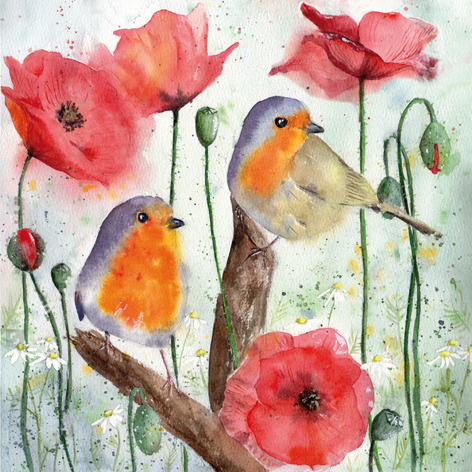 Tovagliolo in carta 3 veli stampa "Papaveri e uccellini", 33x33 cm , confezione da 20 pezzi