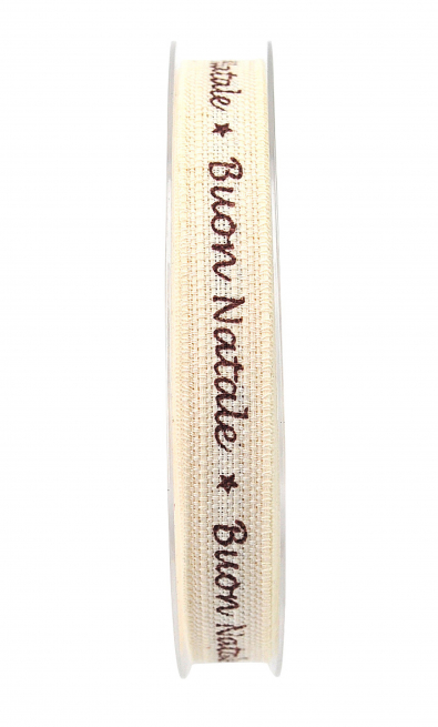 Rotolo nastro tessuto crema con scritta "Buon Natale" marrone, altezza 15 mm, lunghezza 20 mt