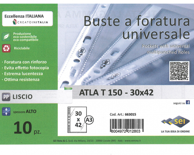 Busta Atla TI 150 con perforazione universale lato lungo, formato A3 30x42, liscia alto spessore, confezione da 10 pezzi