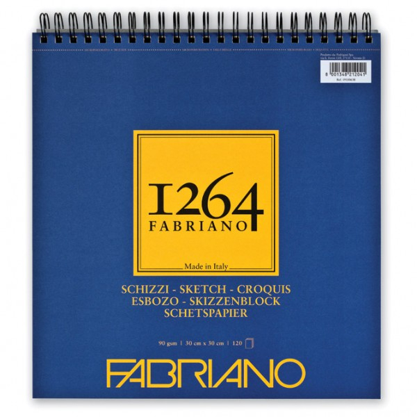 Album schizzi Fabriano 1264 spiralato in alto, formato 30x30 cm, 90 gr/mq, confezione da 120 fogli