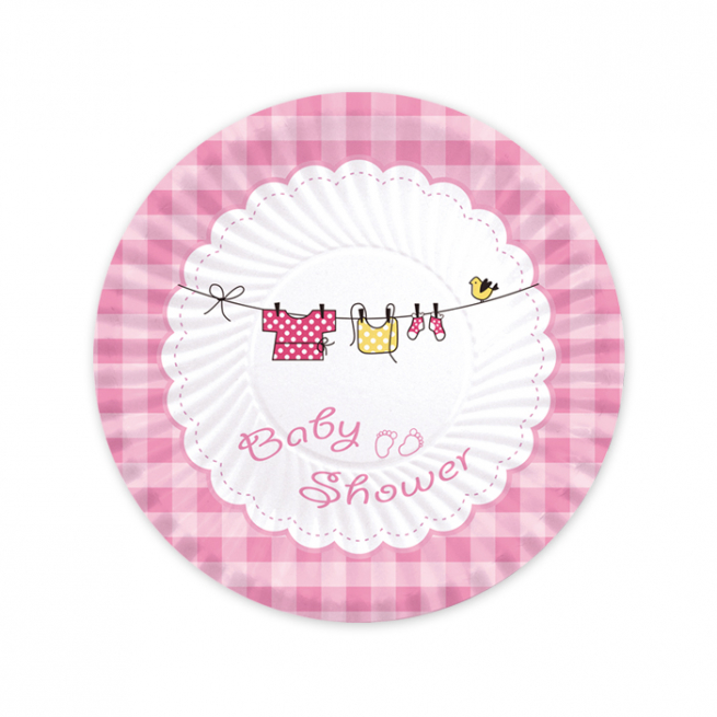 Piatto in cartoncino fantasia "Baby Shower" rosa, confezione da 10 pezzi