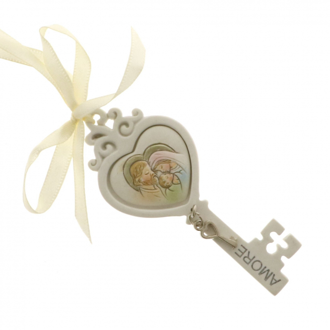 Chiave in gesso con icona sacra famiglia, altezza 9 cm, confezione da 6 pezzi