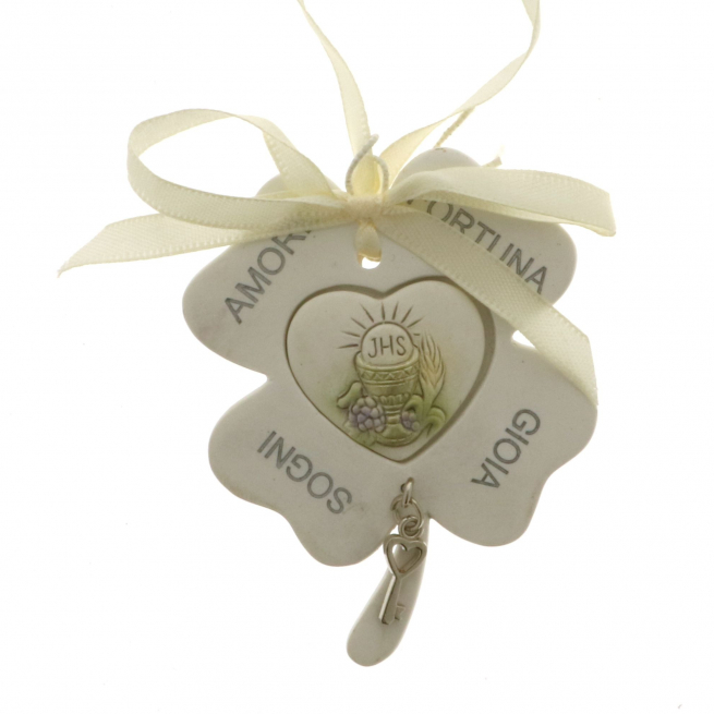Quadrifoglio con icona Comunione, altezza 8 cm, confezione da 6 pezzi