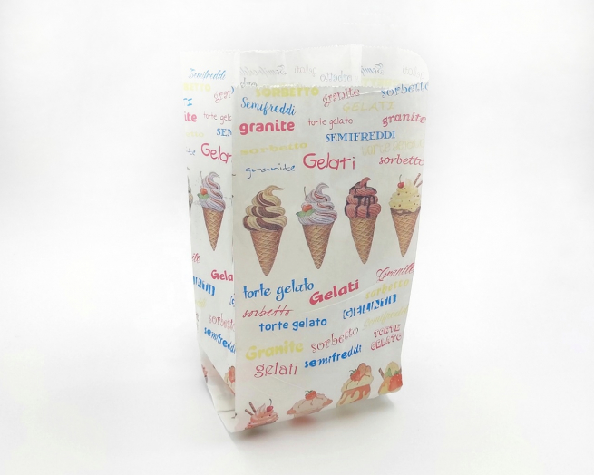 Sacchetto in carta kraft bianco 43 gr, stampa "Coni gelato", cartone da 10 kg.