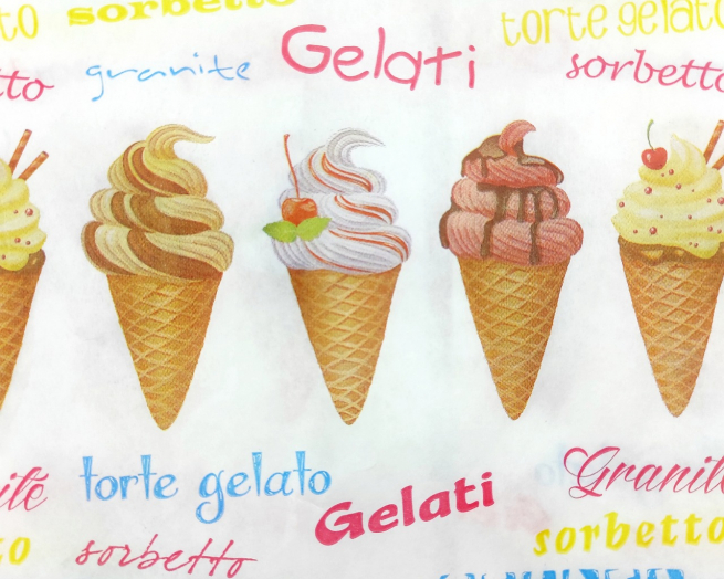 Sacchetto in carta kraft bianco 43 gr, stampa "Coni gelato", cartone da 10 kg.