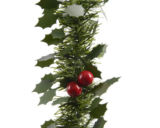 Festone per albero verde con bacche e agrifoglio, lunghezza 270 cm, diametro 10 cm