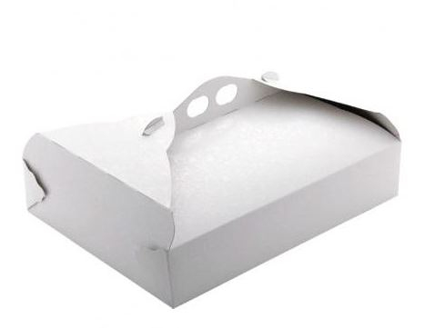 Scatole torta in cartone damascato bianco, base rettangolare 31X42cm, altezza 10cm.