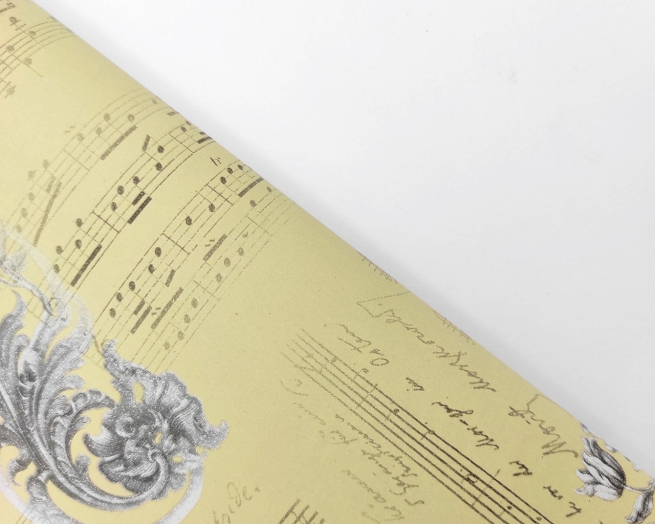 Carta da regalo "Ecocarta Retrò" con strumenti e note musicali, in fogli, formato 70x100 cm, confezione da 25 fogli