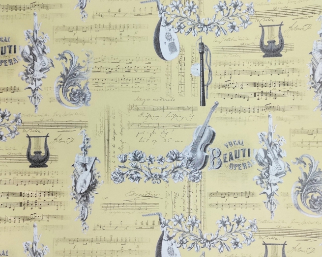 Carta da regalo "Ecocarta Retrò" con strumenti e note musicali, in fogli, formato 70x100 cm, confezione da 25 fogli