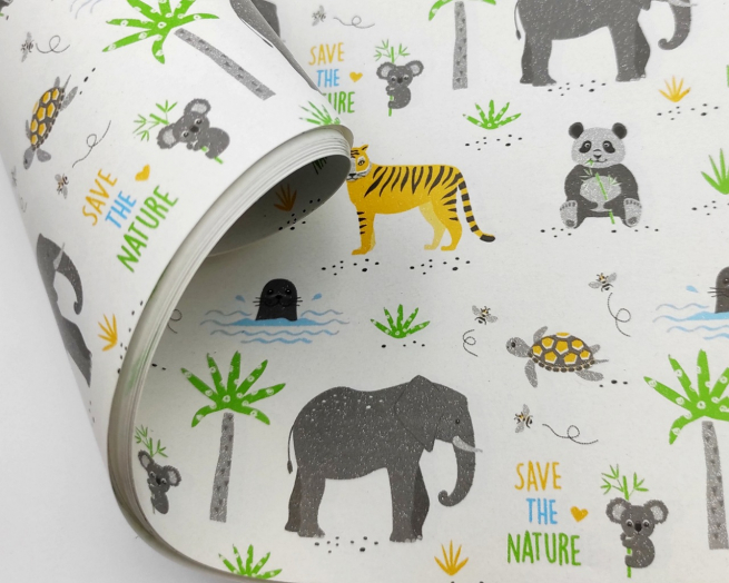 Carta da regalo "Ecocarta Save The Planet" con animali, formato 70x100 cm, confezione da 25 fogli