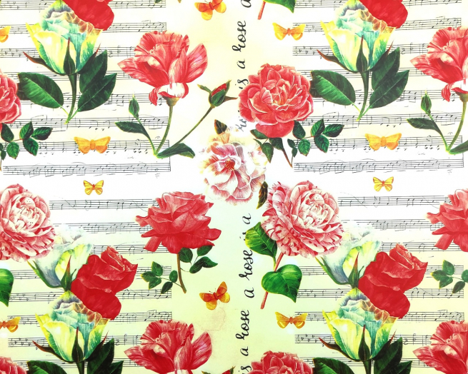 Carta regalo patinata in fogli, fantasia stampa rose e note musicali, 70x100 cm, confezione da 25 fogli