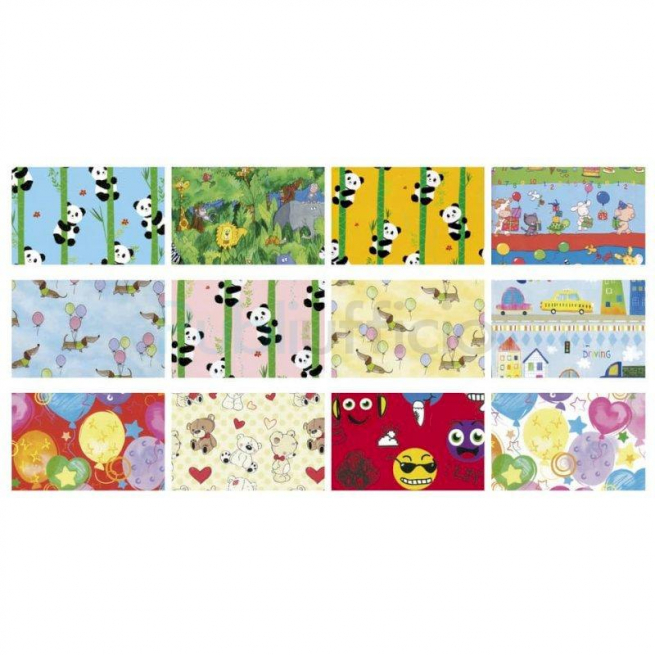 Carta da regalo fantasia bambini, in rotolo altezza 70 cm, lunghezza 2 metri, grafiche assortite