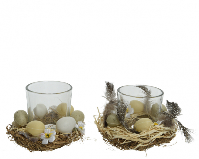 Portacandela in vetro con base decorata, diametro 10 cm, altezza 12 cm