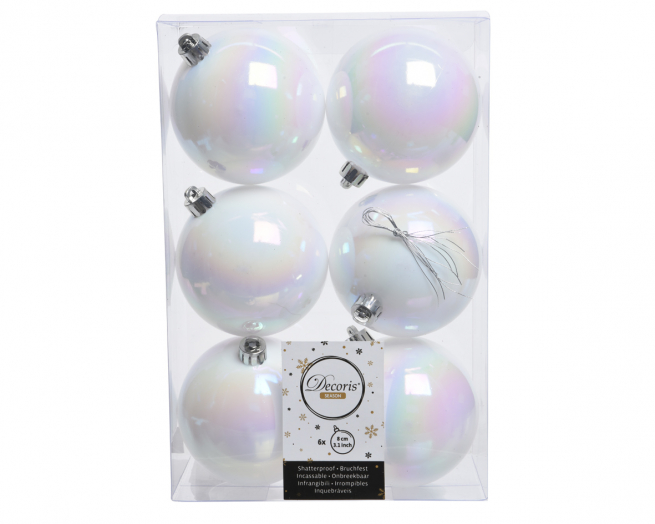 Sfera infrangibile bianco iridescente diametro 8 cm, confezione da 6 pezzi