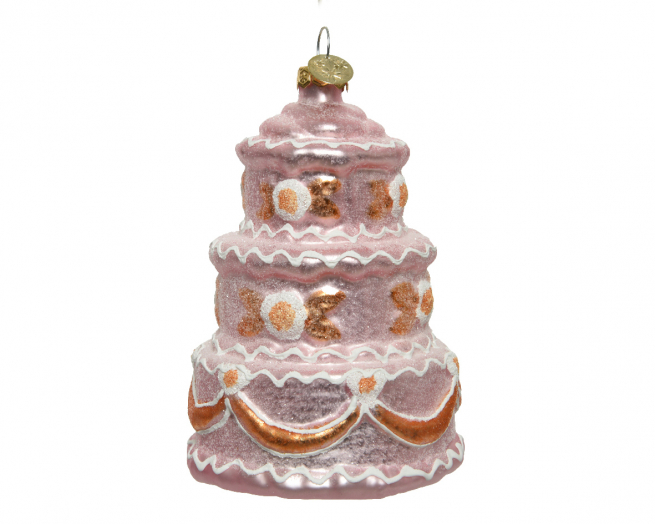 Addobbo natalizio in vetro "Wedding Cake" rosa con glitter, diametro 7.5 cm, altezza 10.9 cm