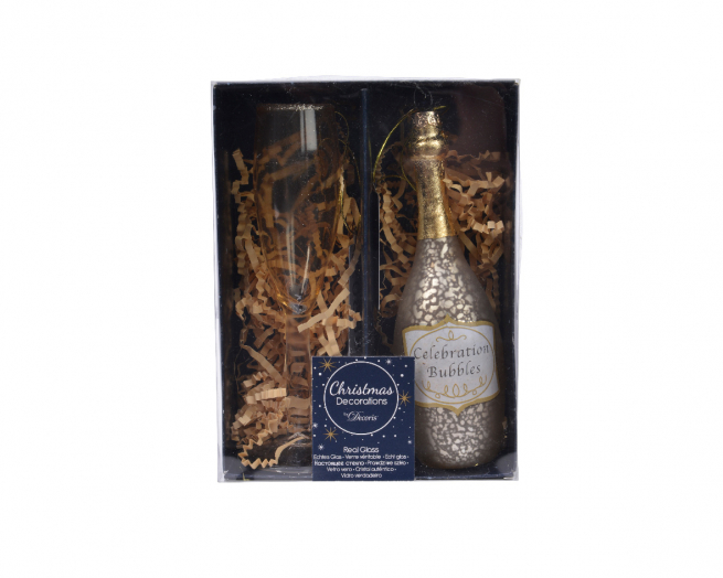 Addobbo in vetro "Bottiglia e flute di champagne", diametro 6 cm, altezza 12.5 cm, confezione da 2 pezzi