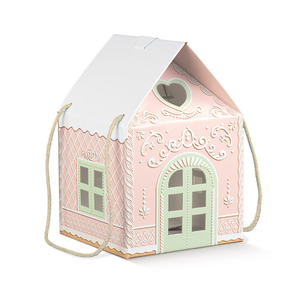 Scatola sagomata "Casetta" in cartoncino fantasia rosa con maniglia cordoncino cotone, confezone da 2 pezzi, vari formati