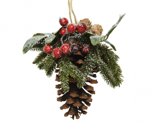 Pigna naturale da appendere con pino e bacche, altezza 25 cm