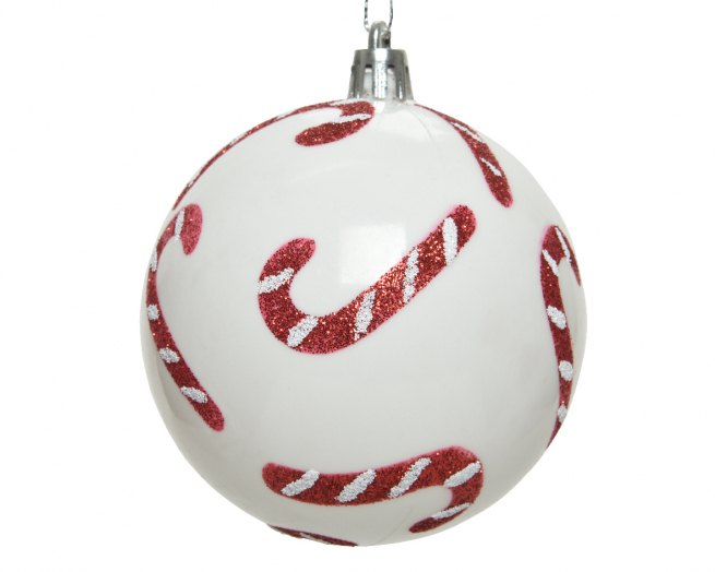 Sfera infrangibile bianca con bastoncini di zucchero, diametro 8 cm