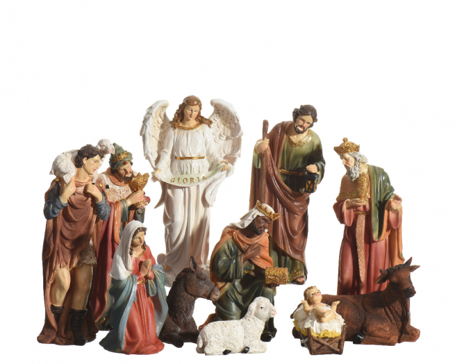 Natività in poliresina dipinta, altezza 29.5 cm, set da 11 pezzi