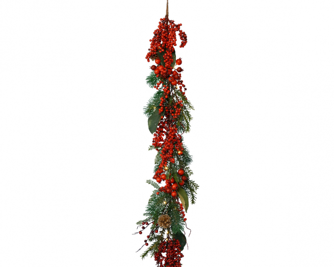 Festone di pino con bacche e pigne, lunghezza 176 cm