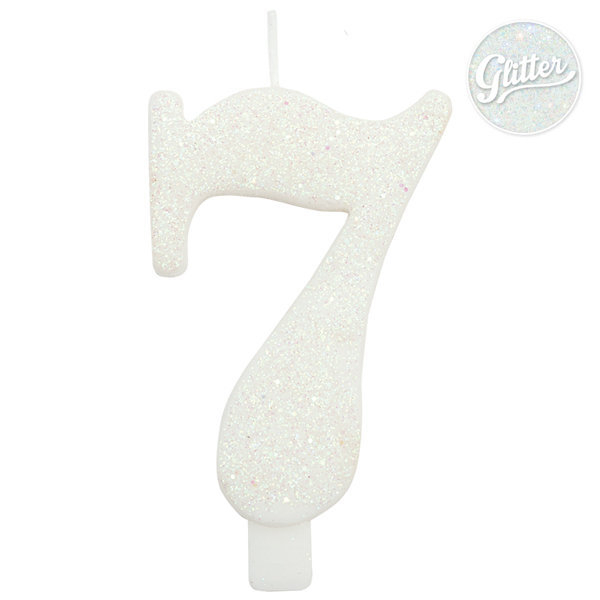 Candela bio numero bianco glitter con supporto, altezza 9.5cm