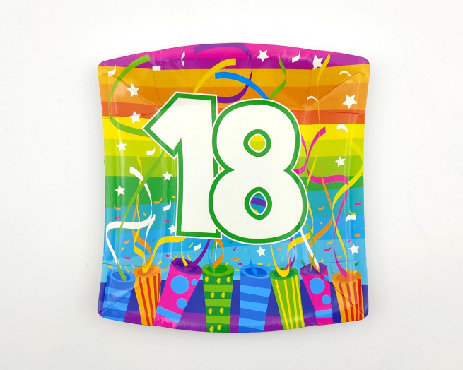Piatto in cartoncino fantasia "Party Boom 18°", diametro 19cm, confezione da 10 pezzi