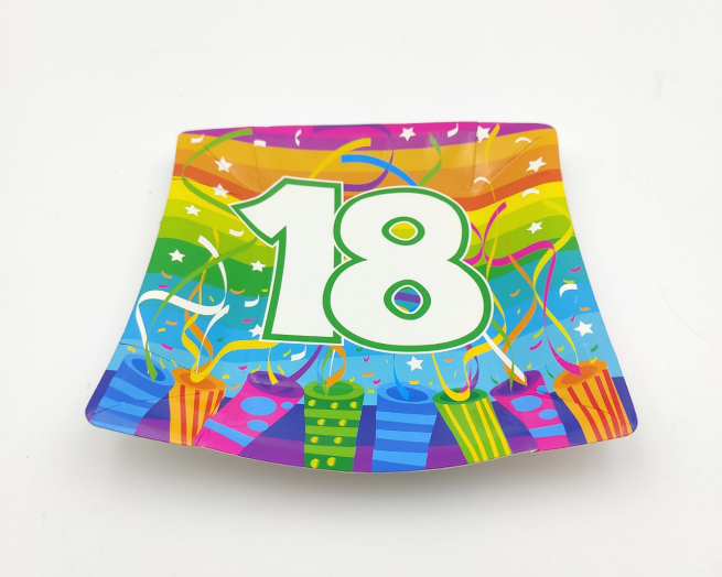 Piatto in cartoncino fantasia "Party Boom 18°", diametro 19cm, confezione da 10 pezzi