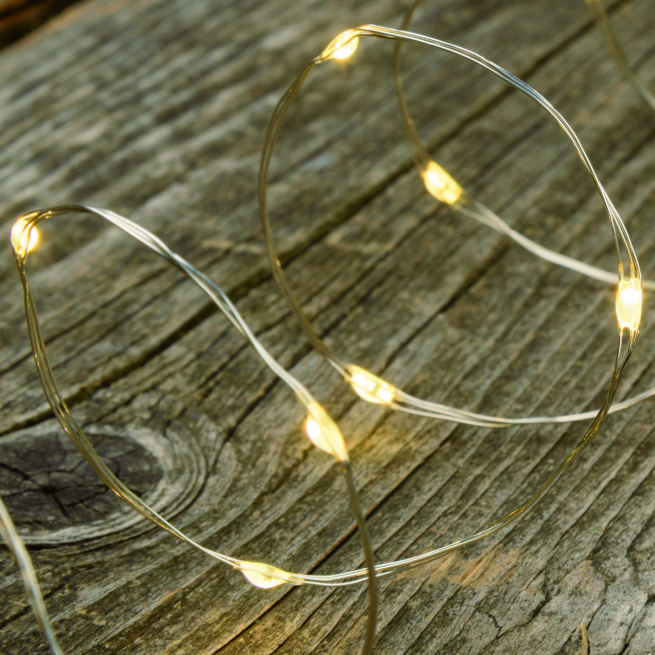 Filo lineare 20 microled a batteria, luce calda fissa, filo in metallo, uso interno, lunghezza 2 metri