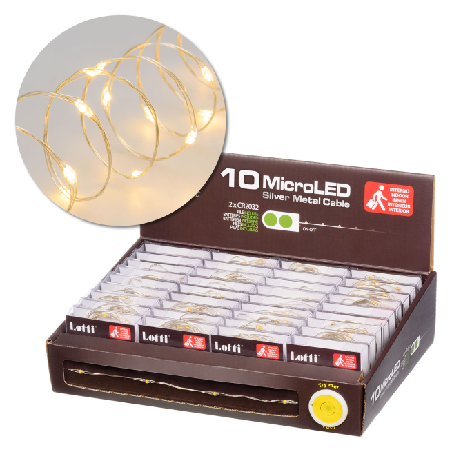 Filo lineare 10 microled a batteria, luce calda fissa, filo in metallo, uso interno, lunghezza 1 metro