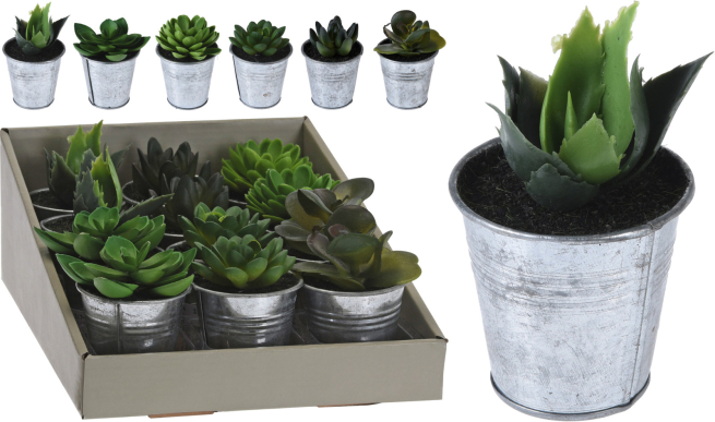 Vaso in metallo con pianta artificiale, altezza 10 cm, modelli assortiti