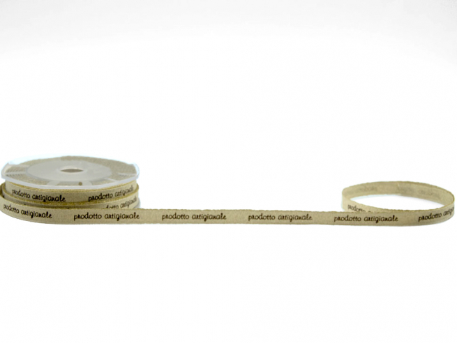 Rotolo nastro raso oro con stampa "Prodotto artigianale", altezza 10 mm, lunghezza 15 mt