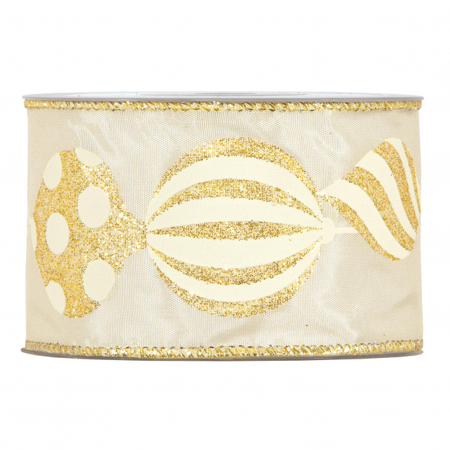 Rotolo nastro con palline di Natale e glitter oro, altezza 63 mm, lunghezza 10 mt
