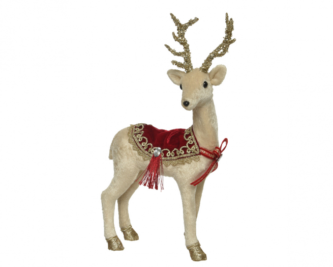 Cervo in poliestere crema con decori oro, altezza 30 cm