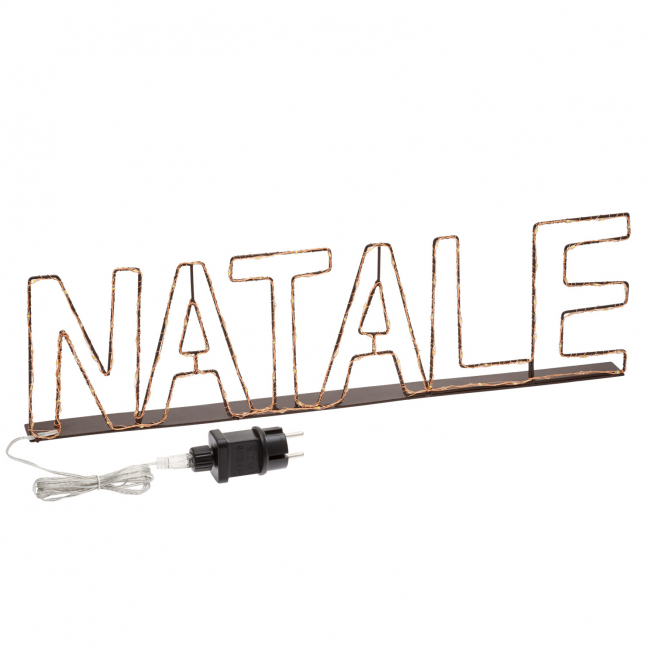 Scritta "Natale" in metallo marrone, 100 microled filo rame luce fissa,  per uso interno ed esterno, lunghezza 55 cm