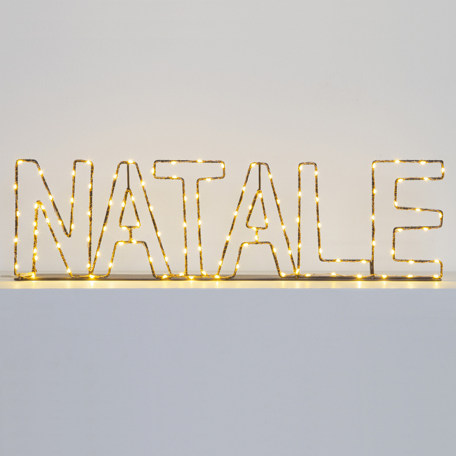 Scritta "Natale" in metallo marrone, 100 microled filo rame luce fissa,  per uso interno ed esterno, lunghezza 55 cm