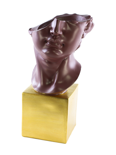 Portavaso in resina bordeaux a forma di mezza testa su base oro, varie misure