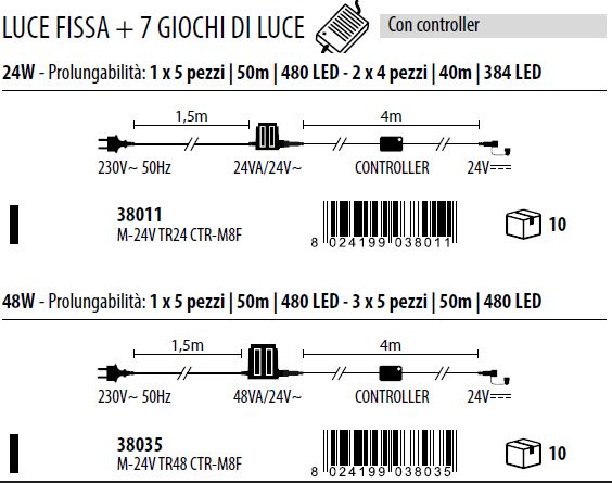 Filo di luci 96 MaxiLed luce calda, prolungabile, filo trasparente, uso interno ed esterno, lunghezza 10 metri (trasformatore non incluso)