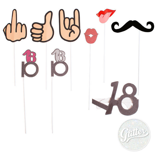 Photo booth "18 anni glitter", confezione da 9 pezzi