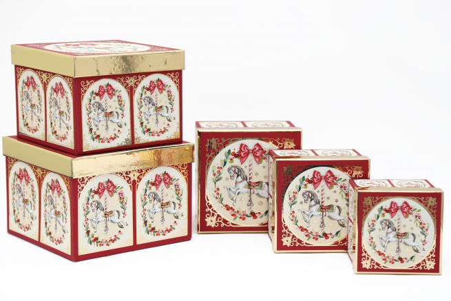 Set scatole regalo quadrate "Carosello di Natale", confezione da 5 pezzi